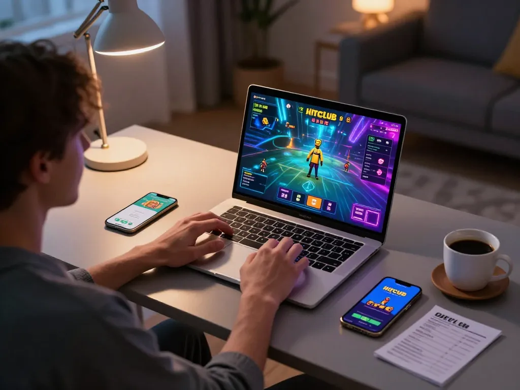 Player engaging with Hitclub online gaming, showcasing laptop and app in a cozy home setting.