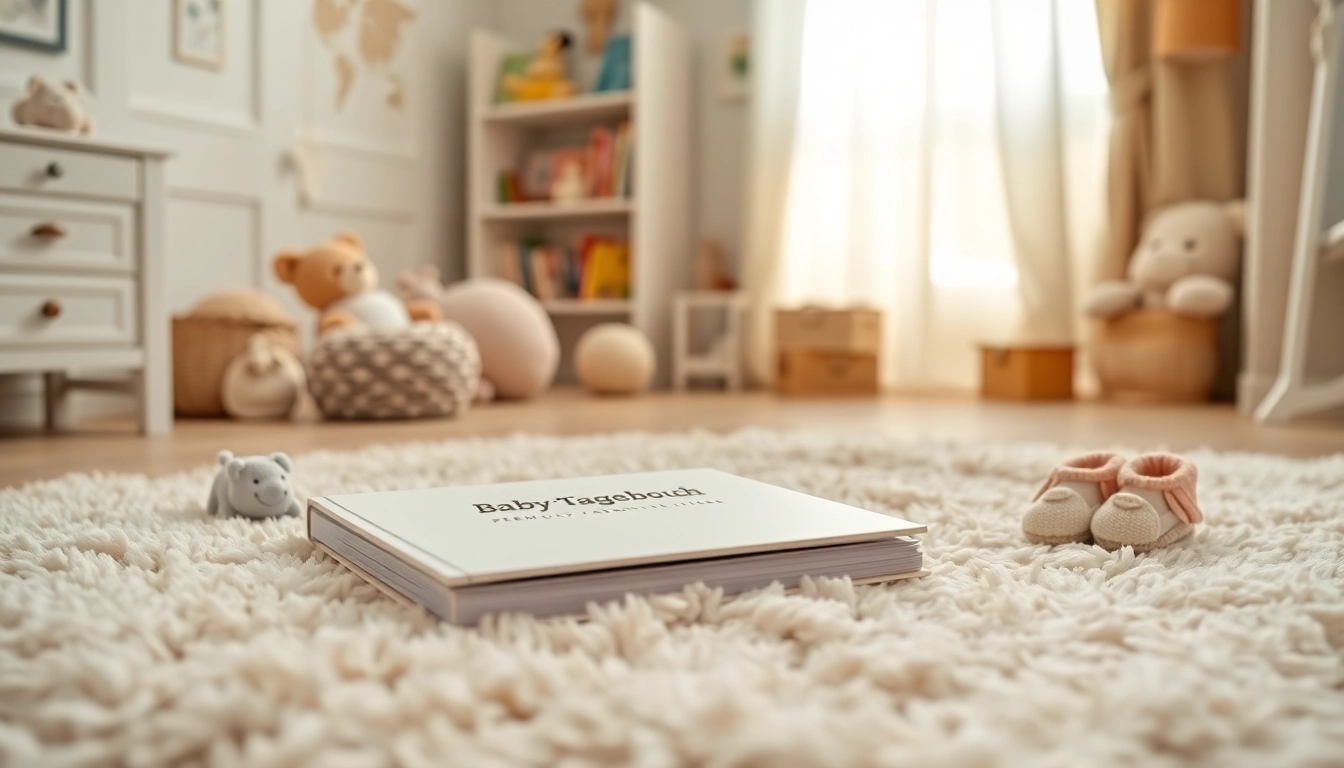 Baby-Tagebuch auf einem gemütlichen Teppich mit Spielsachen und Bücher im Hintergrund