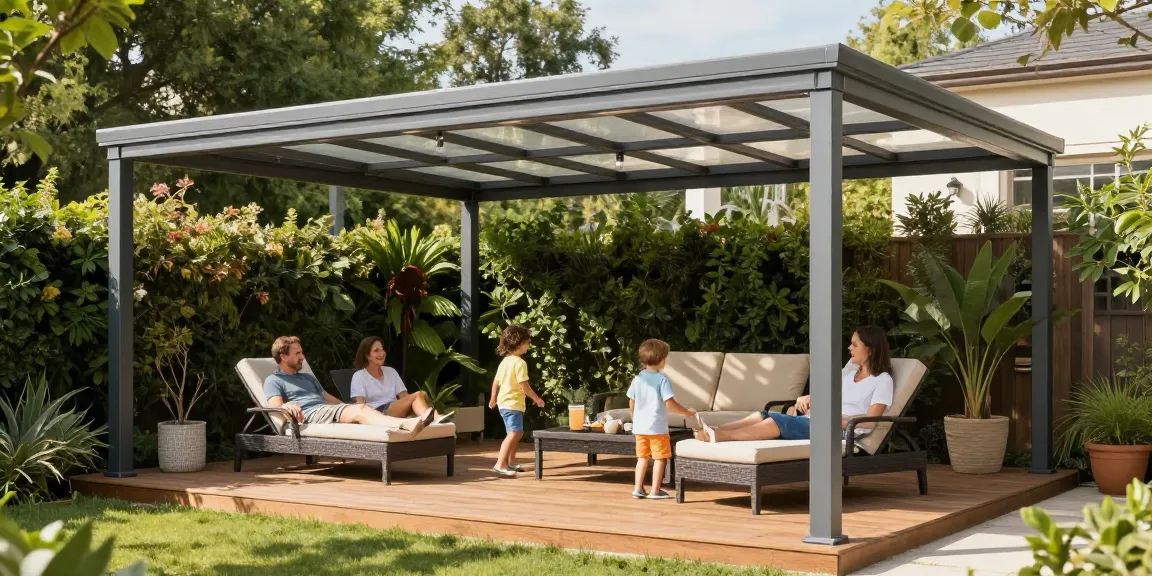 Elegante freistehende Terrassenüberdachung mit Familie im Garten in sonniger Atmosphäre.