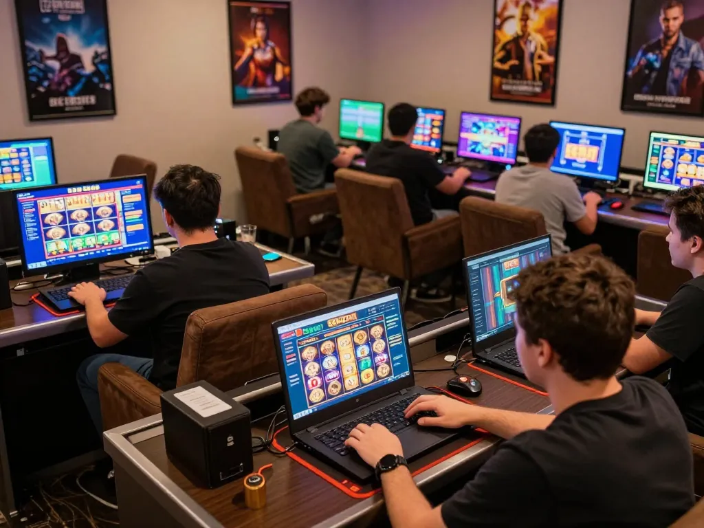 Engaged players enjoying SC88 COM online casino games on laptops and tablets in a vibrant environment
