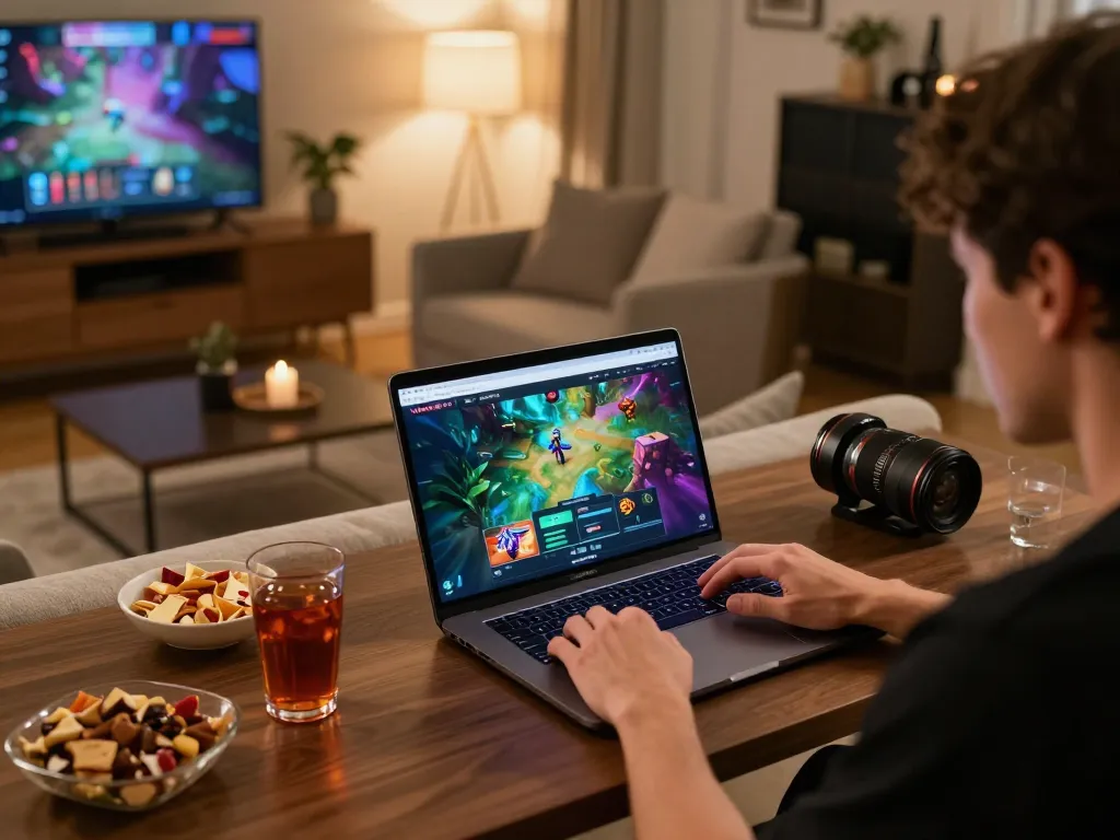 Player engaging on VAOBET platform for online gambling with a cozy home setup and appealing snacks.