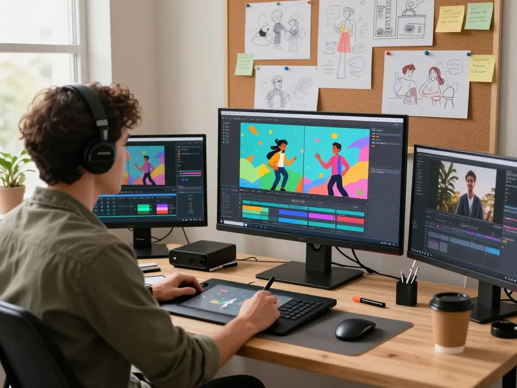 Creating motion ai videos in a vibrant studio with character animations and creative tools.