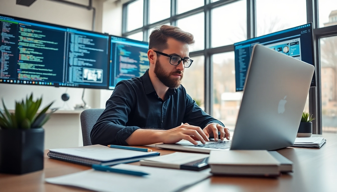 Webentwickler Hannover arbeitet fokussiert an einem Laptop in einem modernen Büro.
