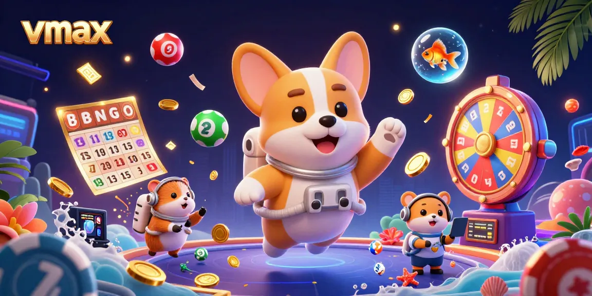 Spin to win with vmax in a vibrant casino scene featuring floating characters and dynamic games.