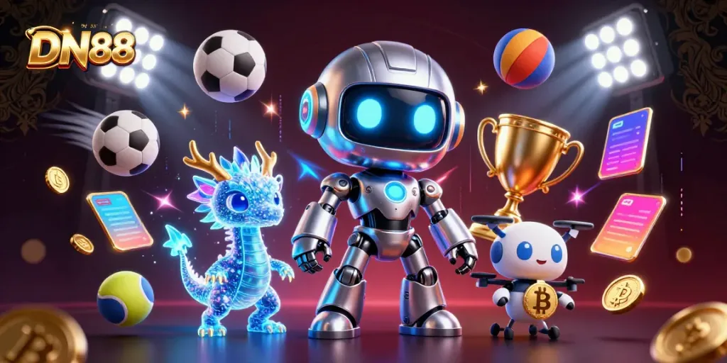 Engage with DN88's exciting casino scene featuring dynamic sports elements, vibrant characters, and golden rewards.