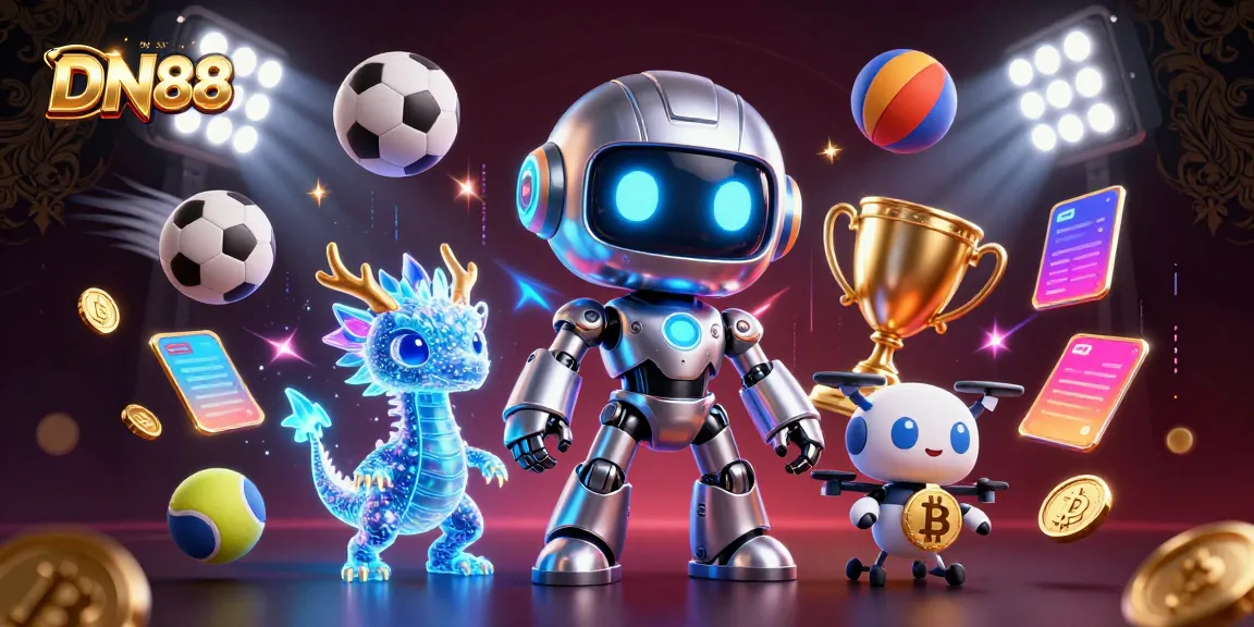 Engage with DN88's exciting casino scene featuring dynamic sports elements, vibrant characters, and golden rewards.
