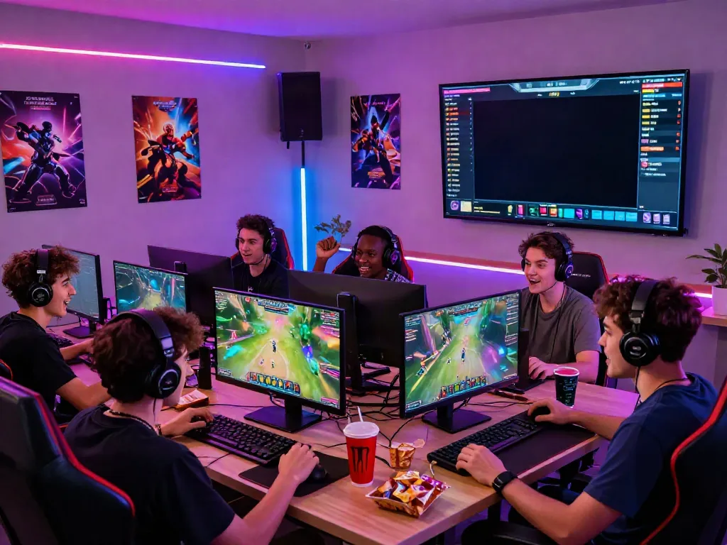 Players enjoying 78win gaming on monitors in a vibrant room.