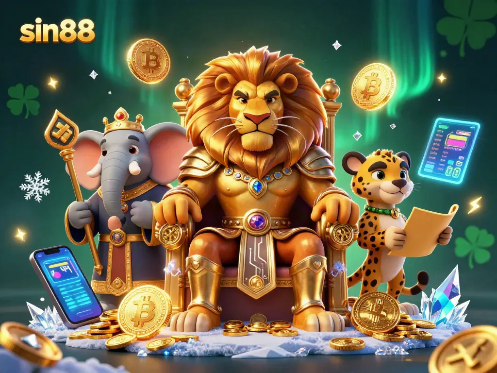 Sin88 players experience thrilling wins with a lion king and elephant gaming amidst crypto elements.