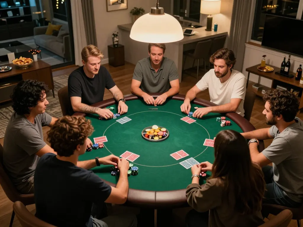 Người chơi LUCK8 thưởng thức một ván poker tại nhà, thể hiện những bộ bài sống động và chip trong không khí thân thiện.
