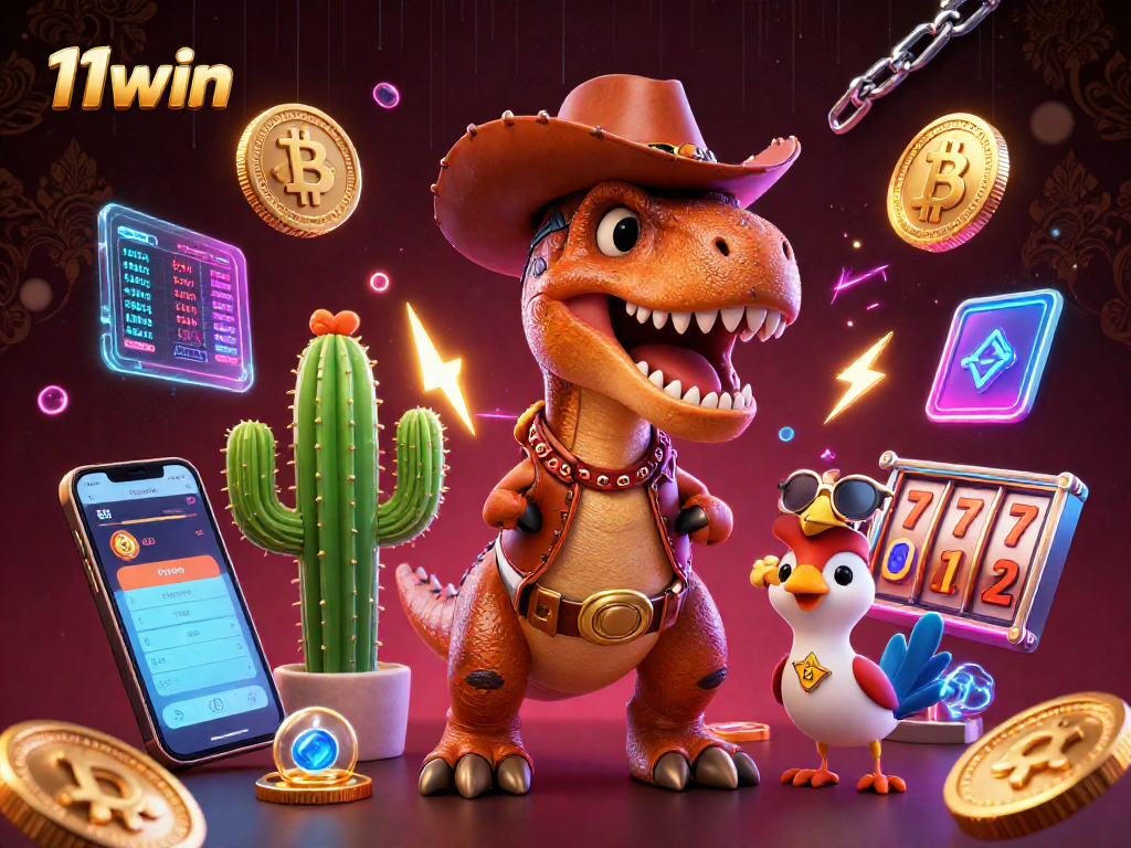 Experience thrilling gameplay with 11win’s cartoon dinosaur, cactus companion, and roadrunner amidst crypto coins.