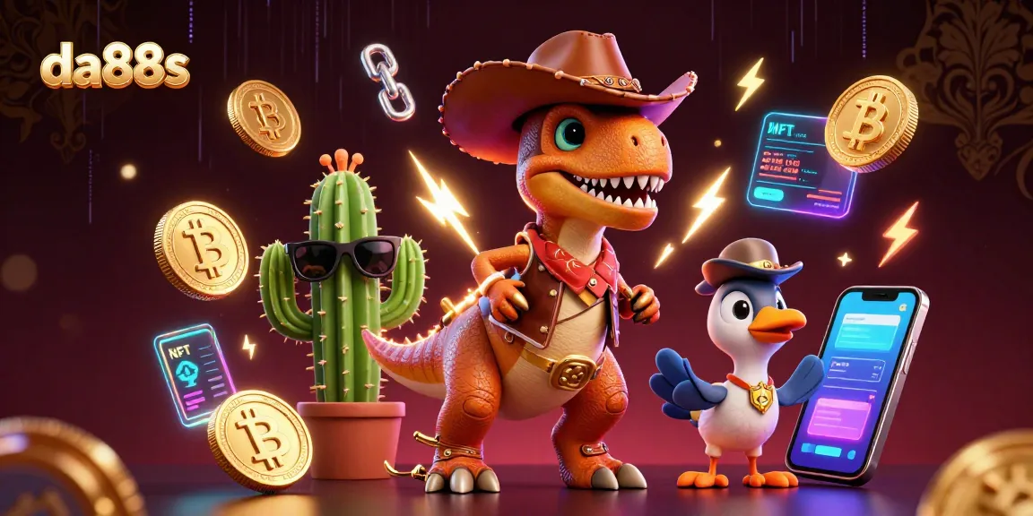 Engage in exhilarating gambling action with da88s, where a cowboy dinosaur and friends encounter crypto prizes and vibrant casino elements.