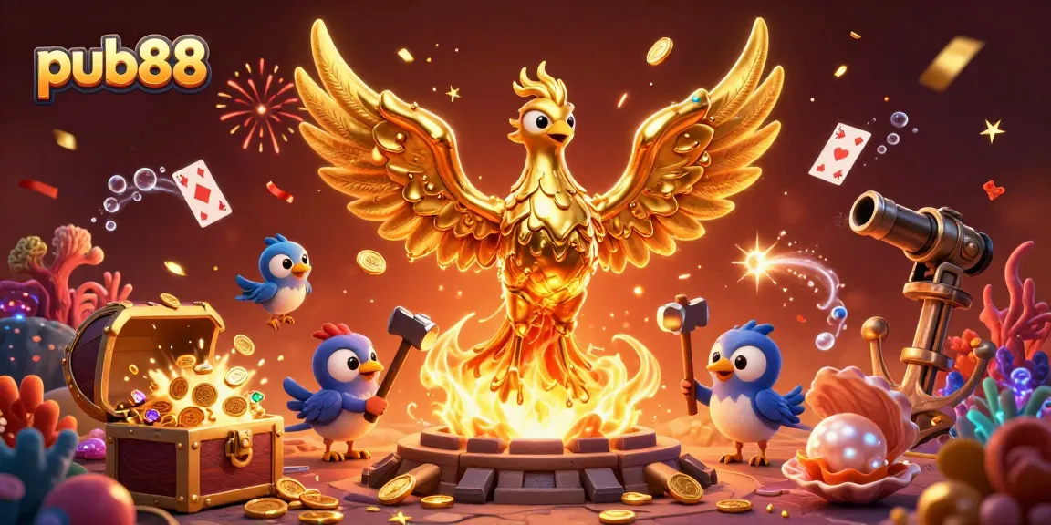 Experience the excitement of pub88 with a golden phoenix and coins in a vibrant casino illustration.