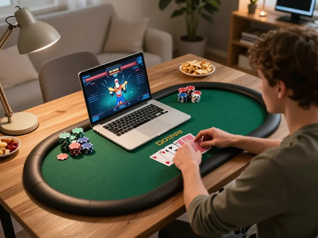Engaging in online poker strategy with giải mã số học insights on a modern laptop at home.