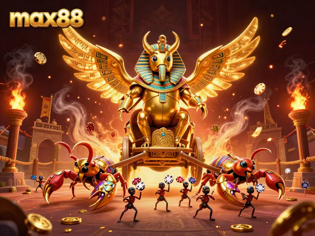 Experience the excitement of max88 with a dynamic 3D scene featuring a colossal golden scarab beetle and scorpion chariot.
