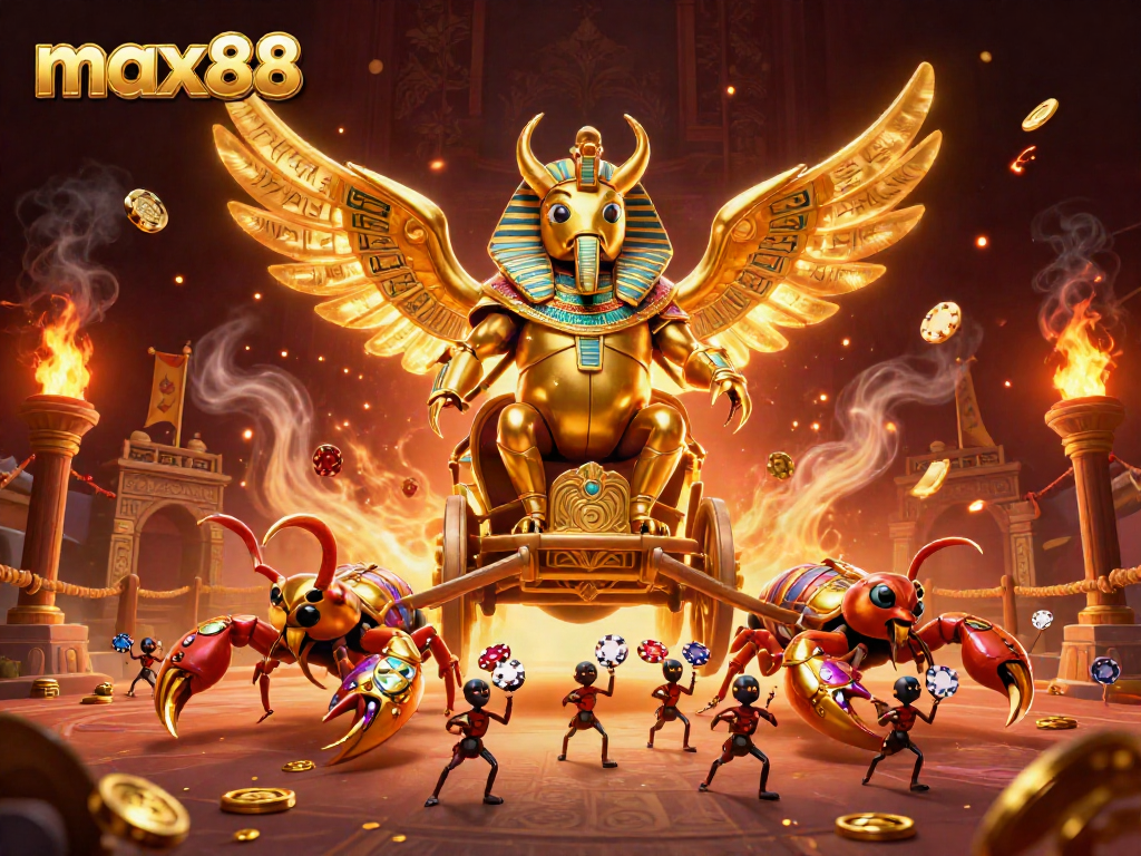 Experience the excitement of max88 with a dynamic 3D scene featuring a colossal golden scarab beetle and scorpion chariot.