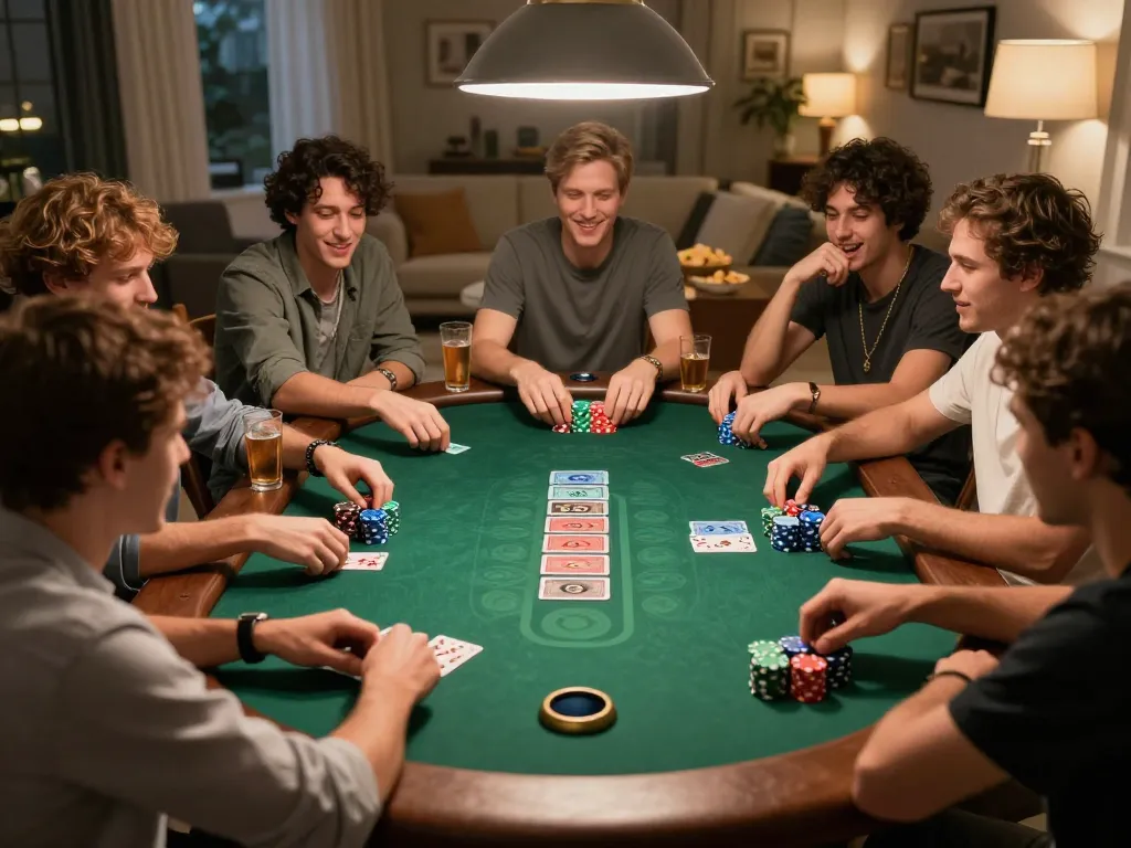 Friends enjoying a spirited poker game at home, showcasing SV388 gambling excitement and camaraderie.