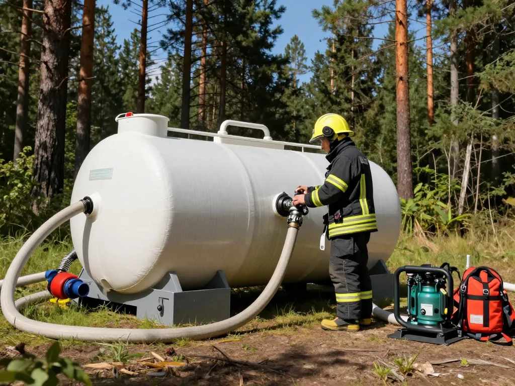 Ein Feuerwehrmann prüft eine flexible Löschwasserreserve in einem Wald, um die Einsatzbereitschaft zur Brandvorbeugung sicherzustellen.