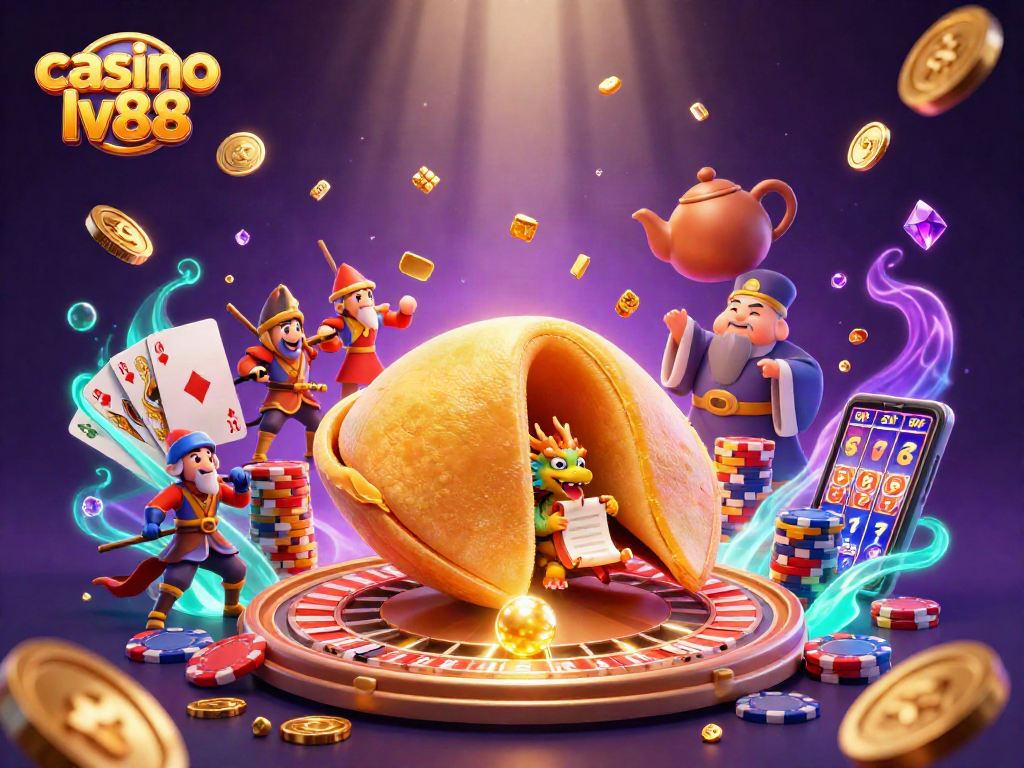 Engage in winning with casino lv88, showcasing a dynamic 3D illustration of fortune cookie and lucky symbols.