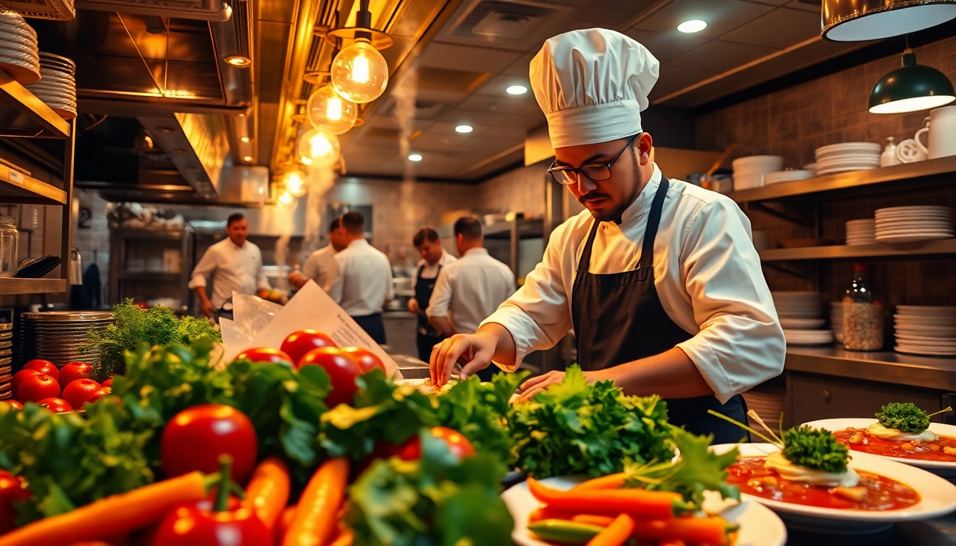 Die Gastronomie in einem belebten Restaurant mit einem professionellen Koch, der köstliche Gerichte zubereitet.