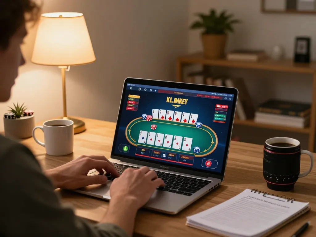 Engaging in online poker gameplay at https://xi88.global/, focusing on strategic decisions at home while enjoying a cozy atmosphere.
