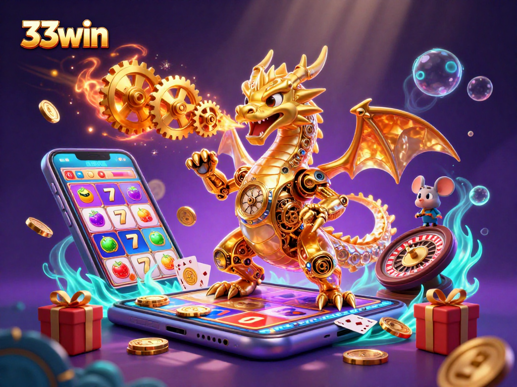 Experience the thrill of 33win as the dragon breathes gold gears amidst vibrant casino elements.