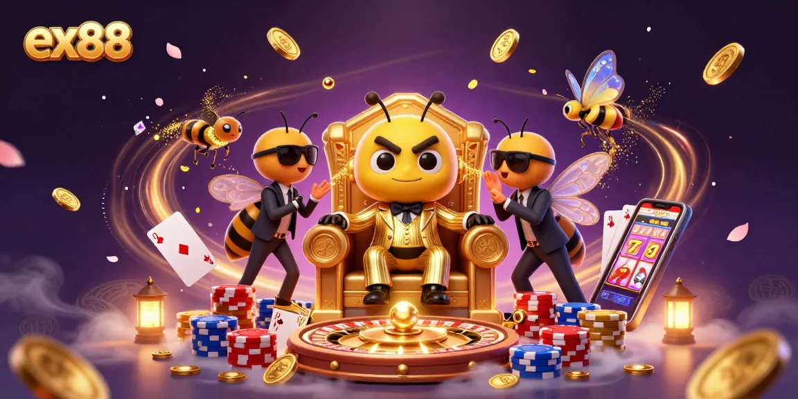 Illustration depicting ex88's vibrant casino world with animated elements like slots and roulette.