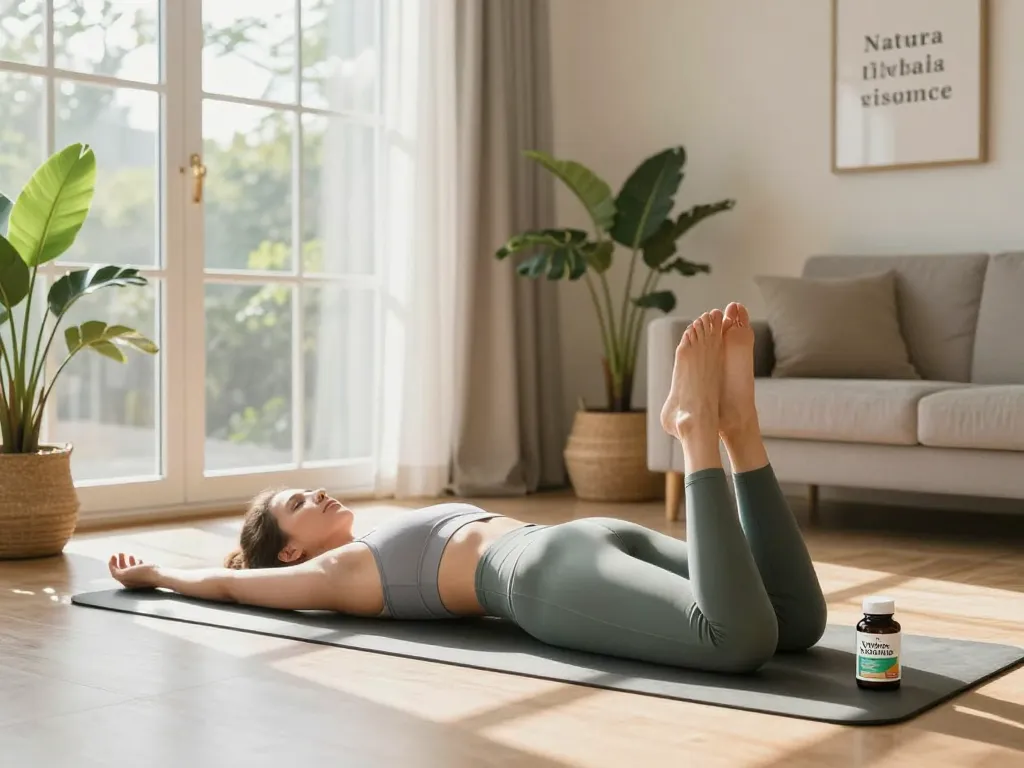 Natura Vitalis Nahrungsergänzungsmittel in einer ruhigen Yoga-Szene, die Gesundheit und Wellness fördert.