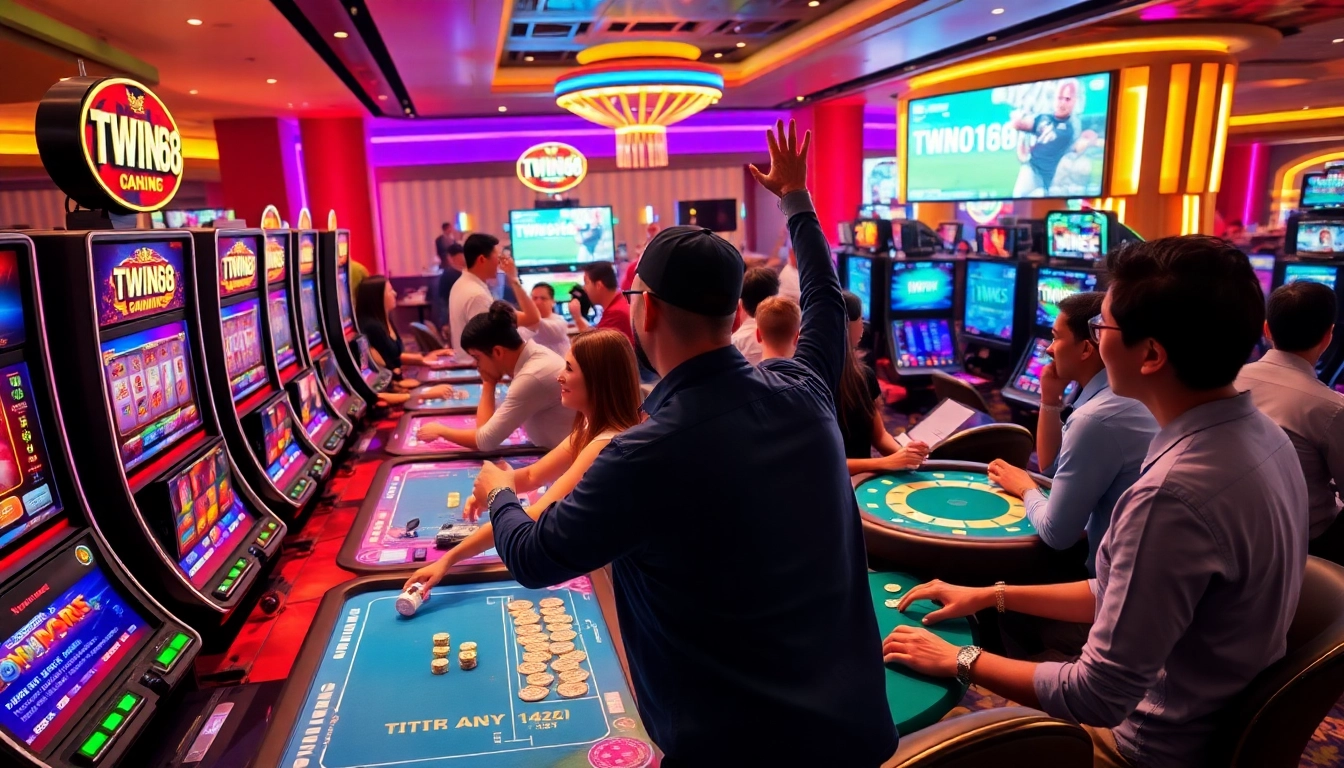Twin68 online gaming platform showcasing an exciting casino atmosphere with diverse players engaged in games.