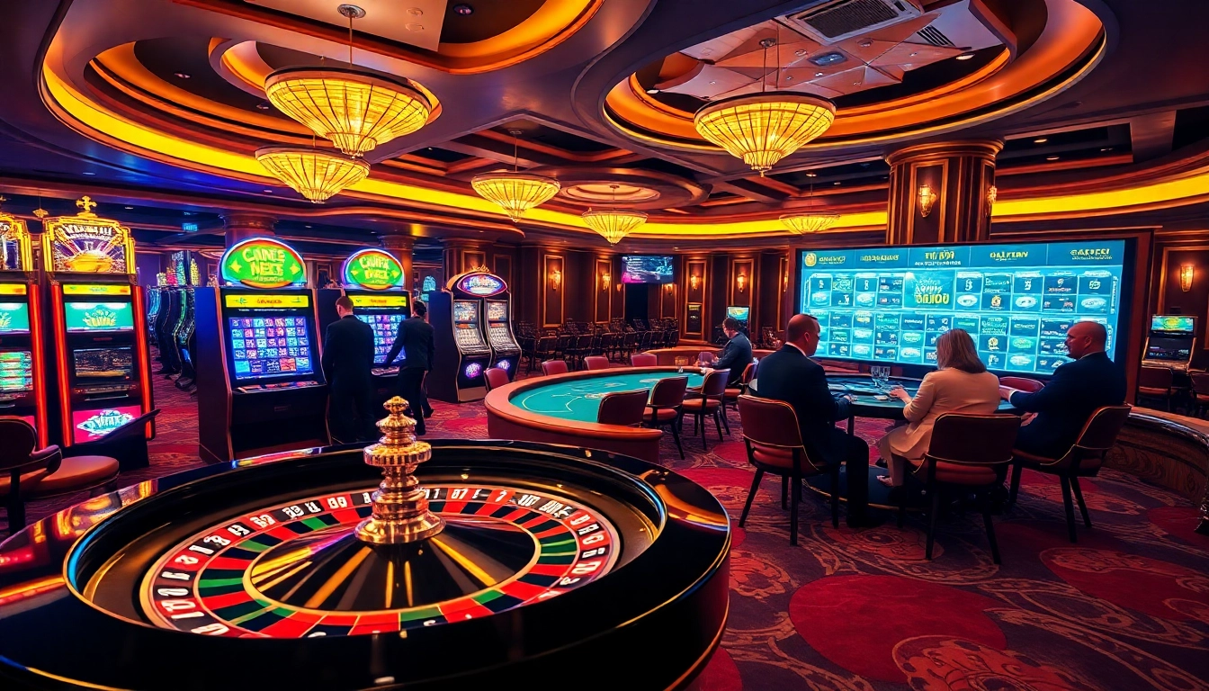 Jucători bucurându-se de cazinouri online Germania într-un cadru de cazinou luxos cu mese de poker și ruletă.