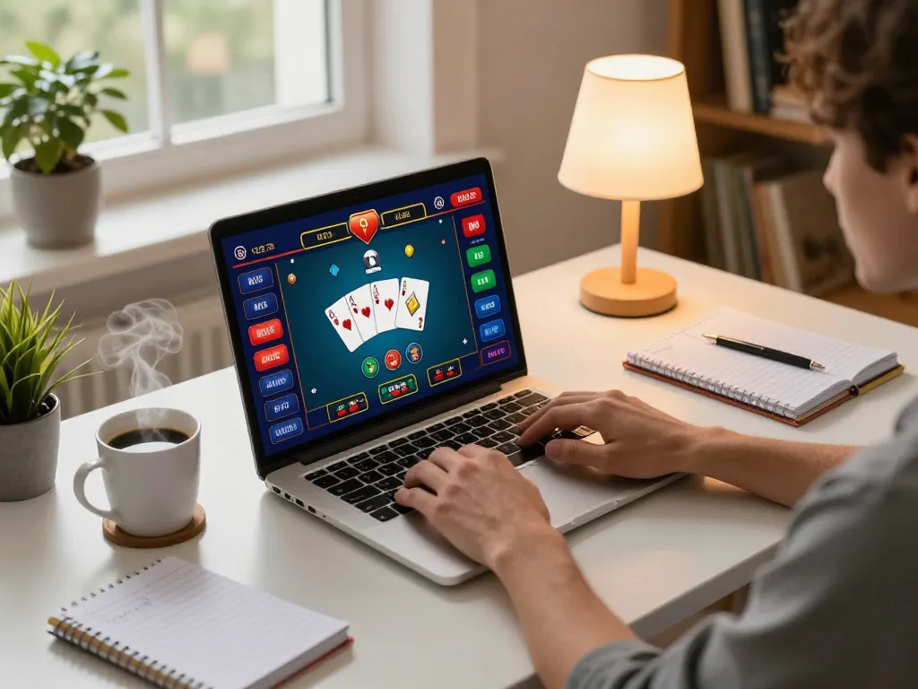 Engaging player using go86vn online casino app on laptop with strategic notes nearby.
