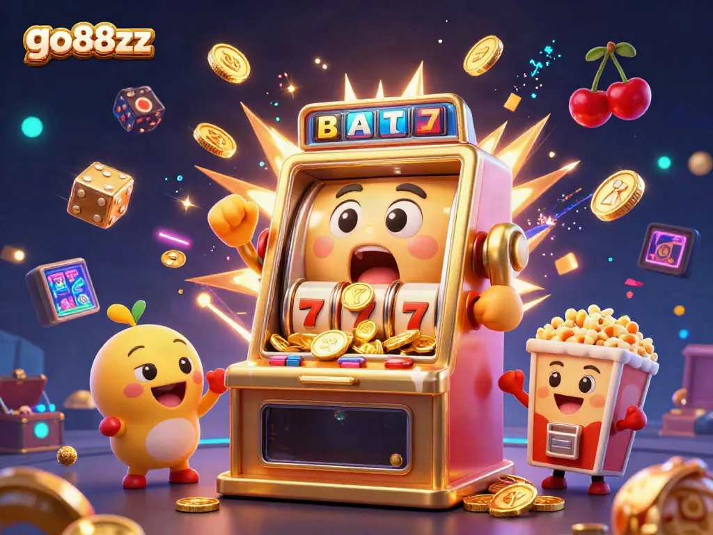 Go88xz slot machine hitting jackpot, surrounded by cheering baby slots and gold coins in vibrant casino scene.