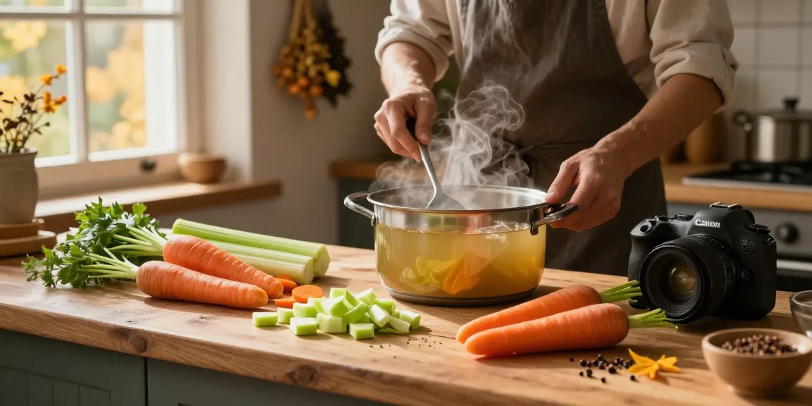 Leckere Zubereitung von Klarer Suppe mit frischem Gemüse in einer gemütlichen Küche.