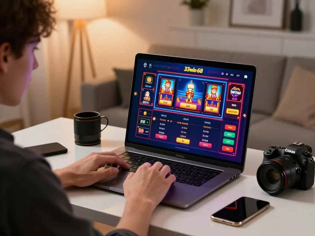 Engaging gameplay on 33win 68 in a stylish home setup with focused player.