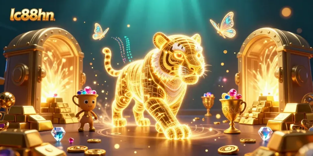 Experience the vibrant energy of lc88hn in a digital casino with a golden tiger and treasures.
