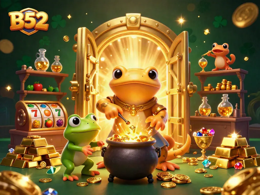 Visually capture the excitement of B52 casino gameplay with a golden salamander alchemist and treasure.