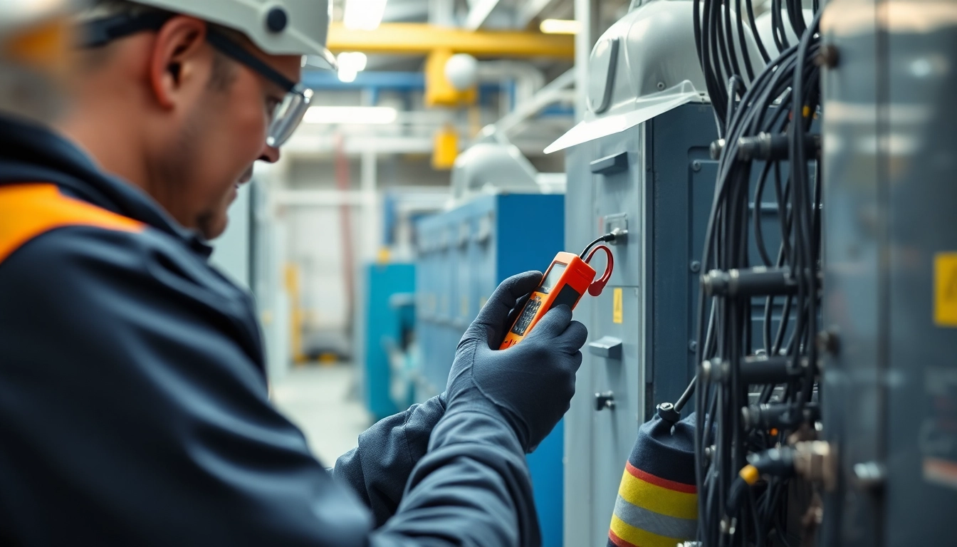 Technician conducting DGUV V3 Prüfung to ensure safety compliance in a factory setting.