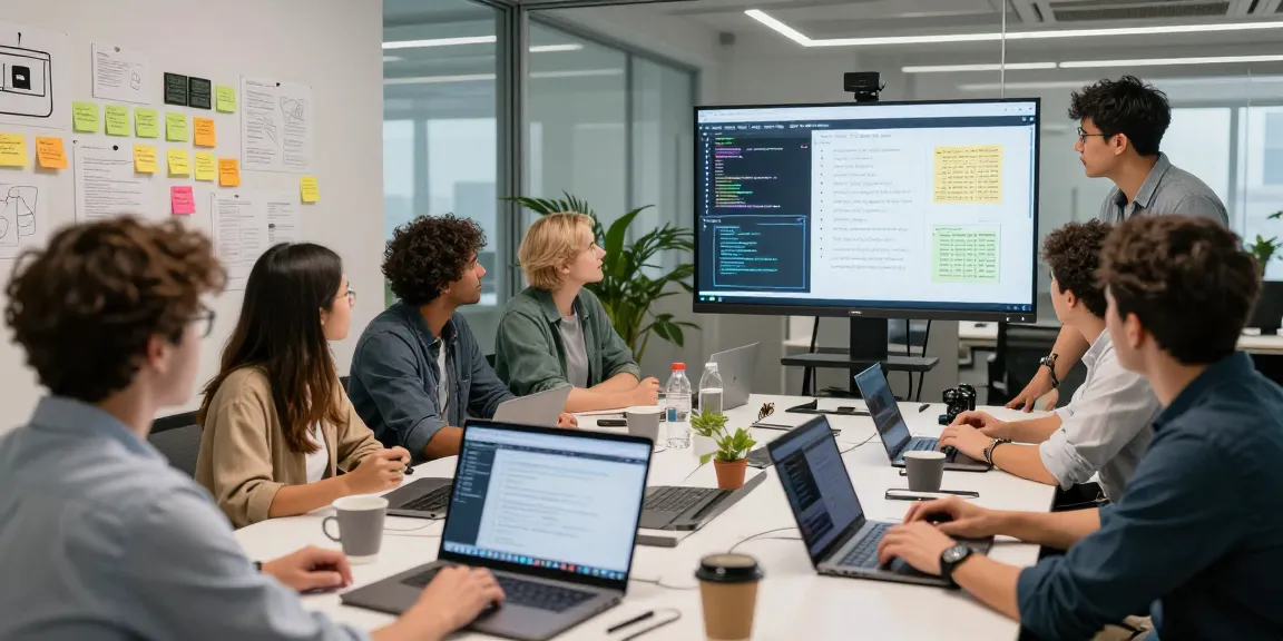 Build internal tools with AI in a collaborative workspace, showcasing a diverse team brainstorming and coding.