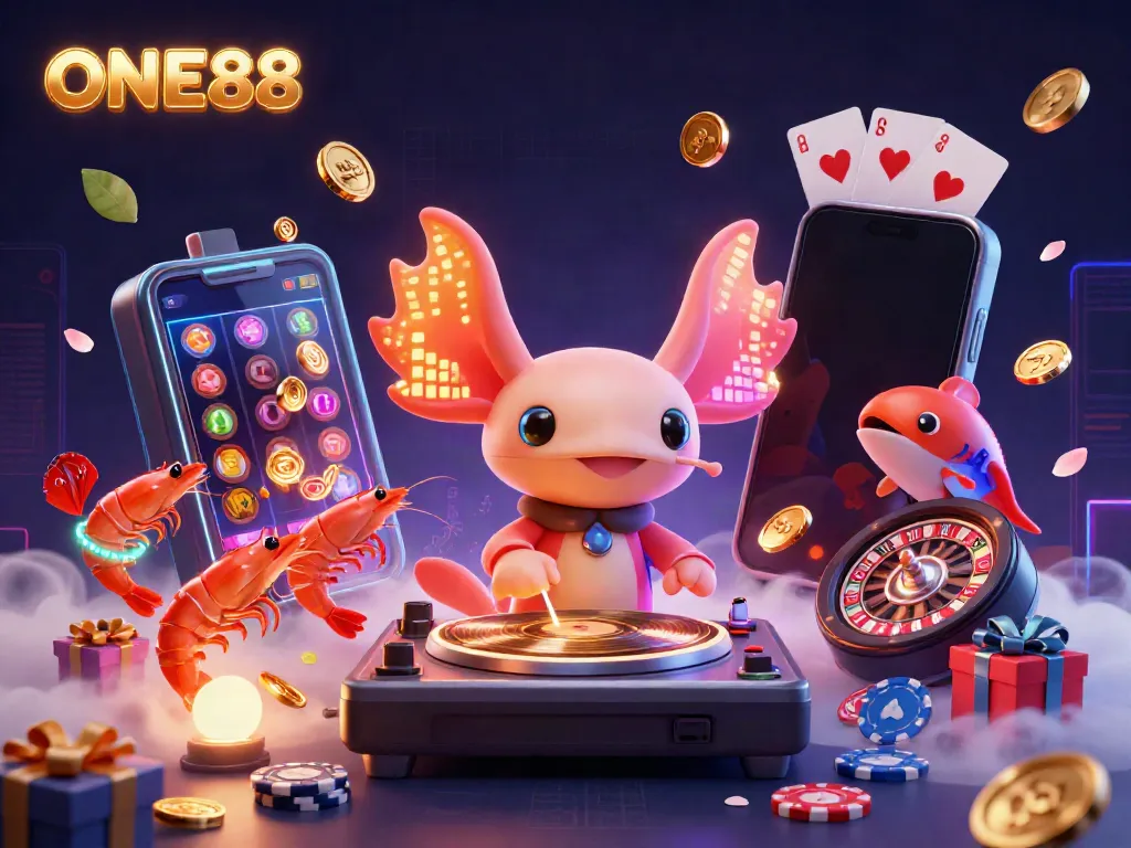 Engage with ONE88's vibrant 3D casino scene featuring a DJ axolotl and energetic shrimp dancers.