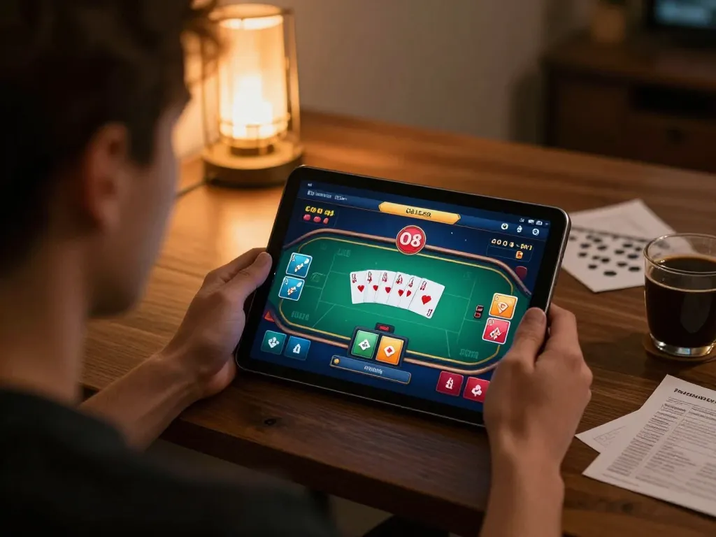 O8 player engaging in online poker while strategizing, showcasing a comfortable home gaming environment.