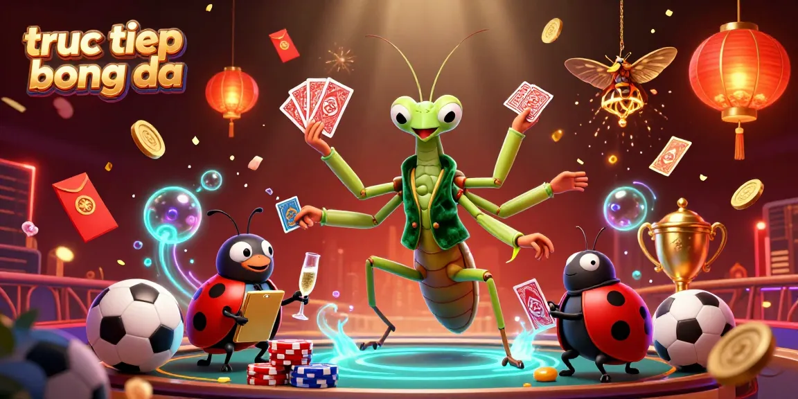 Experience truc tiep bong da with a dynamic 3D illustration of a mantis card sharp, sports elements and vibrant colors.