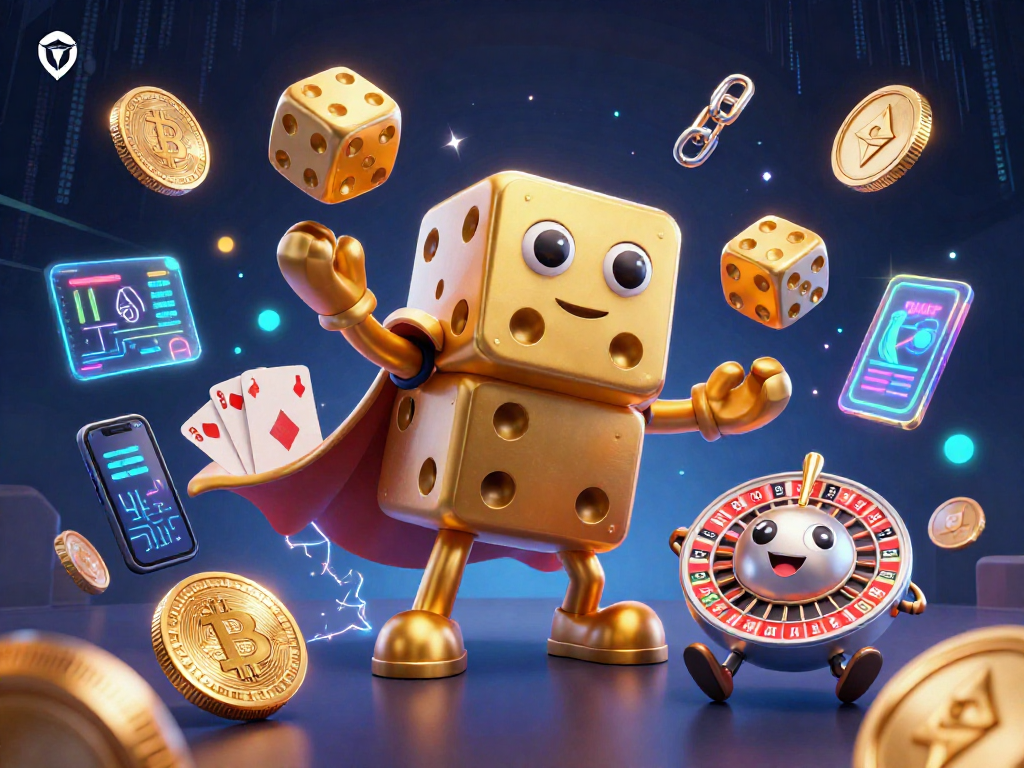 Players enjoy thrilling games with tg88’s golden dice golem and vibrant crypto elements in a dynamic casino scene.