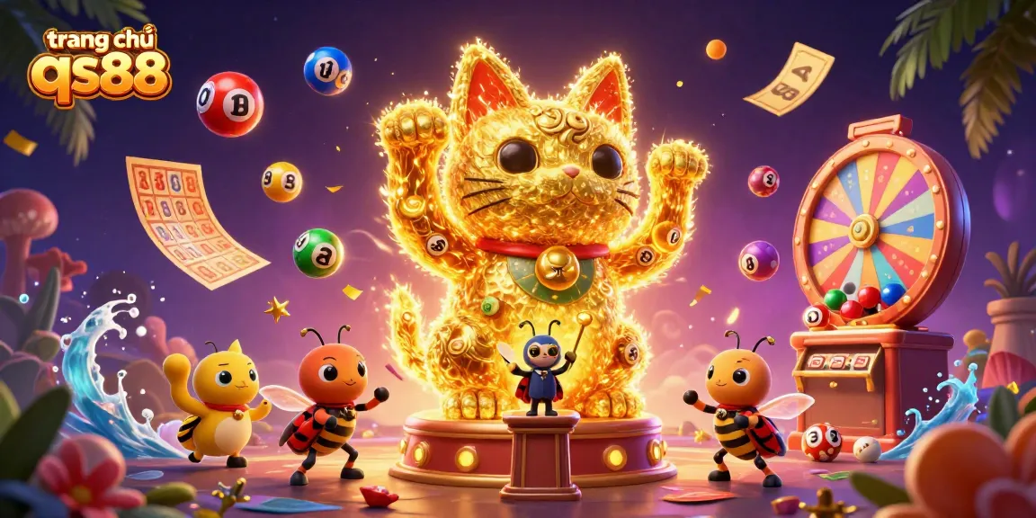 Engage with exciting games on trang chủ qs88, featuring a vibrant scene with a lucky cat and dynamic casino symbols.