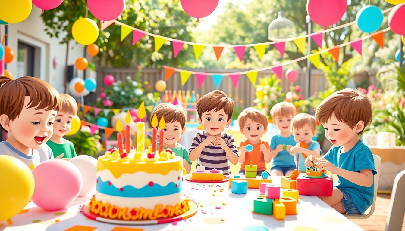 Gestalten von festlichen Spielen für einen Kindergeburtstag 4 Jahre, mit buntem Kuchen und fröhlichen Kindern.