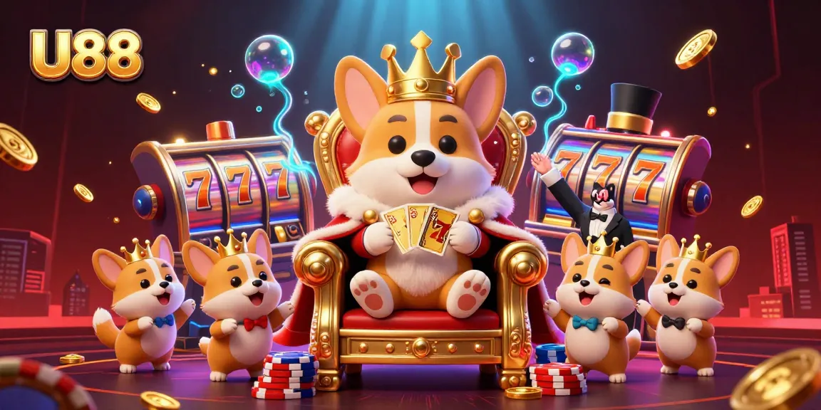 U88 offers an exciting casino experience with a royal corgi surrounded by thrilling slot reels.