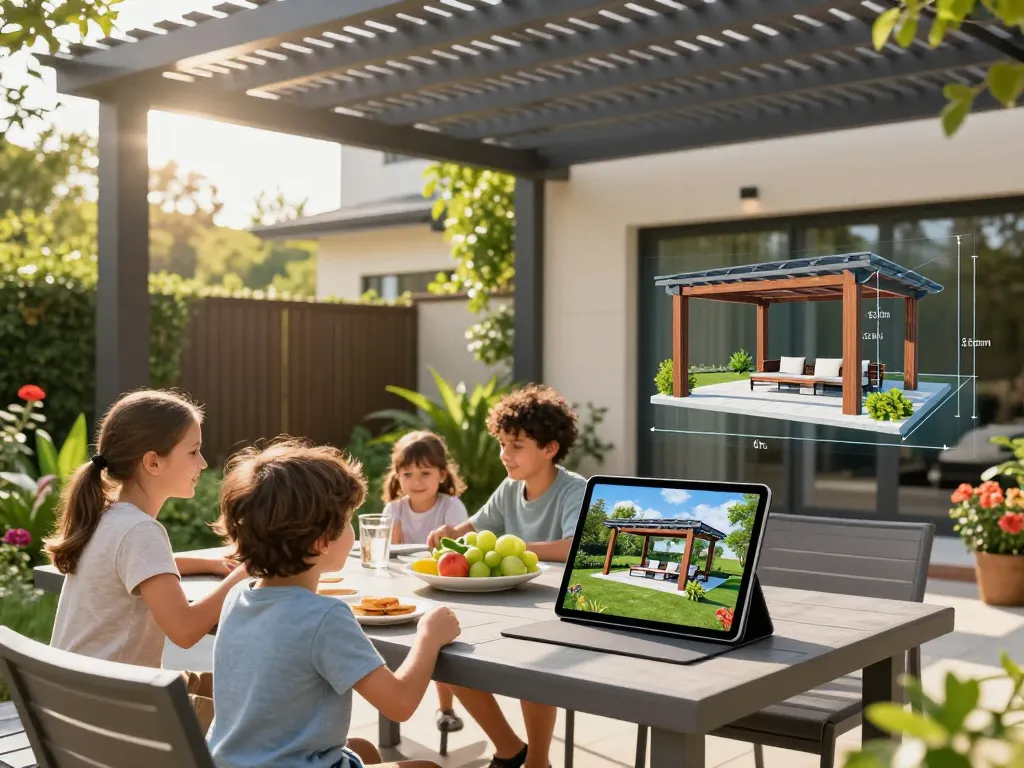 Familienzusammenkunft im Freien unter einem Pergola Konfigurator 3D, der eine maßgeschneiderte Pergola mit lebhaften Pflanzen zeigt.