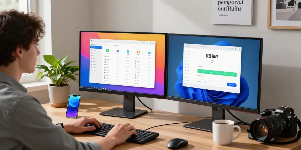 使用爱思助手进行设备管理的年轻专业人士在现代化的家中办公环境中。