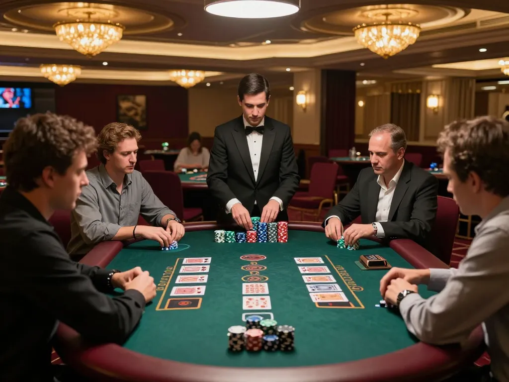 Players strategizing at a 99win blackjack table, enjoying a luxurious casino atmosphere.