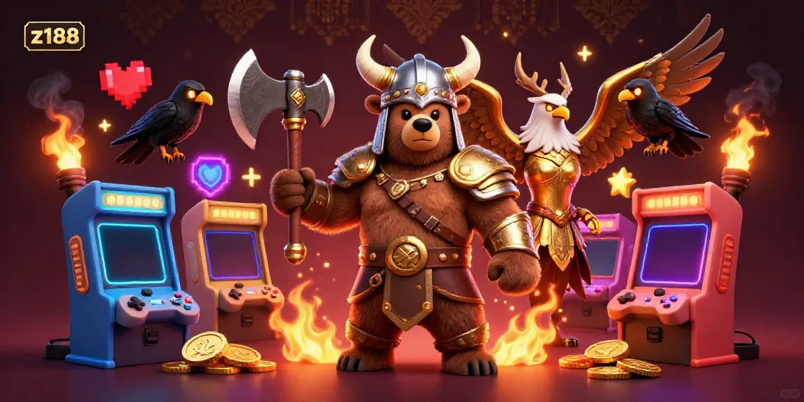 Engage in exciting gaming adventures at z188 with a Viking bear and Valkyrie eagle amid colorful arcade elements.