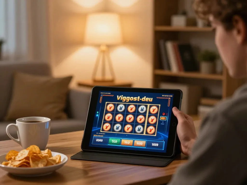 Spieler genießt Online-Casinospiele zu Hause mit Viggoslots-deu und zeigt eine ansprechende Tablet-Interaktion und ambientebeleuchtung.