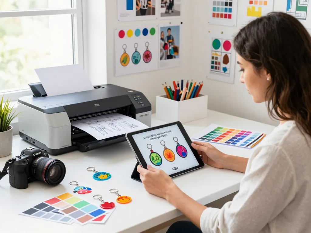 Creating personalized acryl schlüsselanhänger selbst gestalten in a vibrant e-commerce studio with colorful samples and design tools.